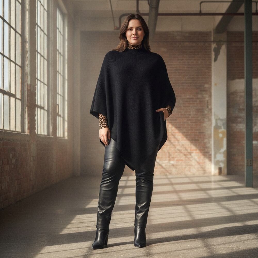 Bloomingdale’s 3X 100% Wool Black Poncho Cape Ribbed Oversized Sweater 0051